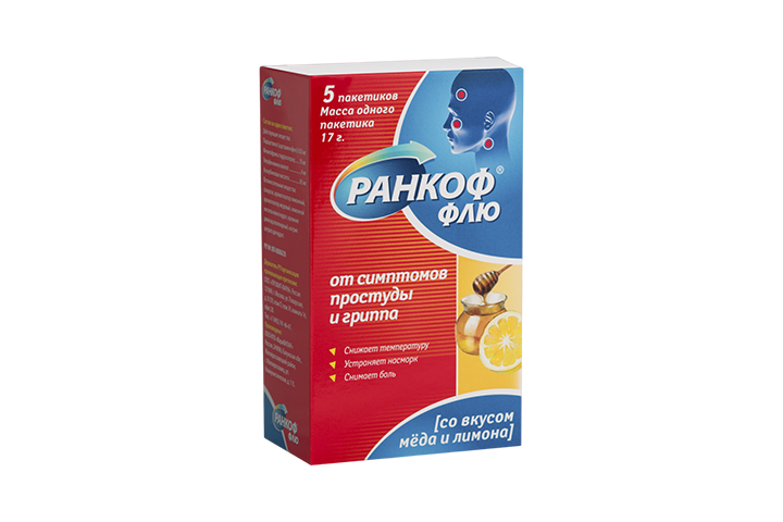 Ранкоф Флю пор д/приг р-ра д/пр внутрь 17г пак №5 мед-лимон
